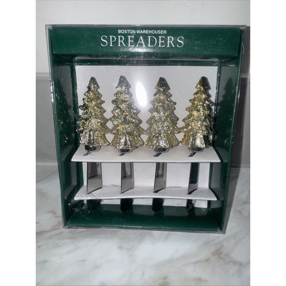 BOSTON WAREHOUSE ,Christmas Cheese Butter Spreaders, Silver Gold Trees-4 VTG